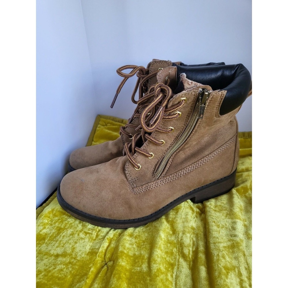 Kohl's Catybee Wheat Girls Combat Boots Leopard Tongue Size‎ 4 Med Side Zip